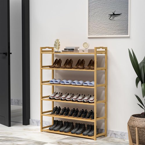 RESTSUKO 6-Tier Free Standing Shoe Racks, Bamboo Wood Shoe Rack for Entryway & Closet, Holds up to 24 Pairs of Shoes