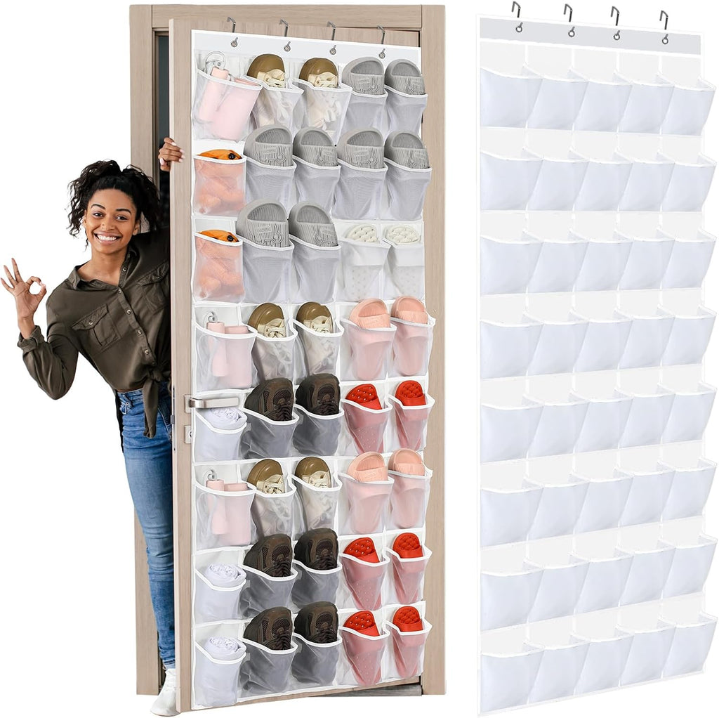 Windyun Over The Door Shoe Organizer - Large Breathable Mesh Pocket Rack | Clear White Hanging Storage for Closet