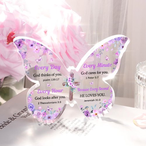 Christian Gifts for Women Faith, Butterfly Acrylic Plaque Sign, Christian Gifts for Women on Mothers Day Birthday, Spiritual Present for Female Friend Family, 5x3.8x0.5 Inch - Purple