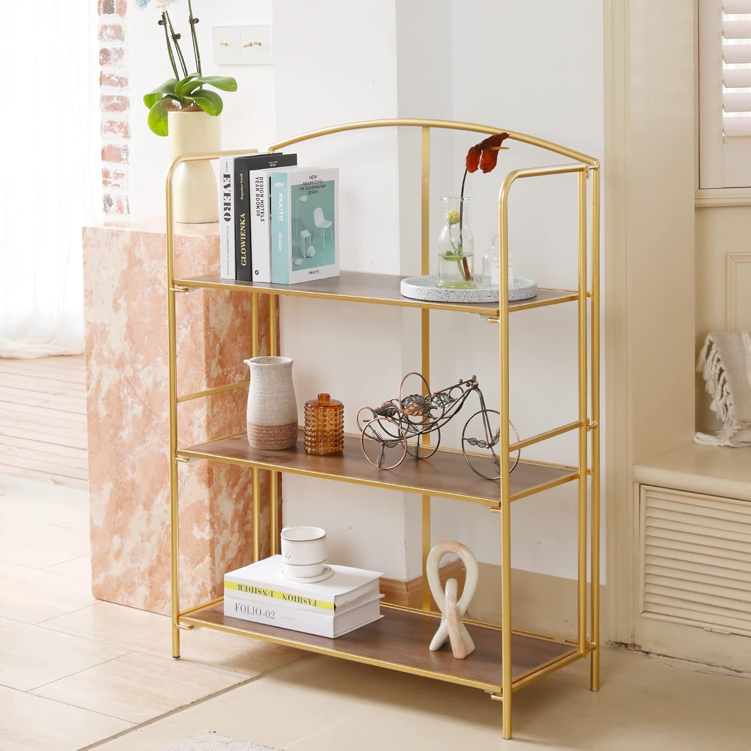 Crofy Folding Bookshelf - No Assembly Required, 3-Tier Gold Bookcase for Living Room & Home Office