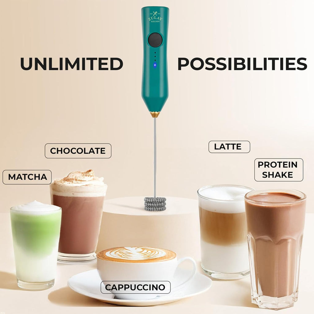 Zulay Kitchen Rechargeable Milk Frother - 3 Speeds & 3 Whisk Attachments - USB Charging for Latte & Cappuccino - Green Gold