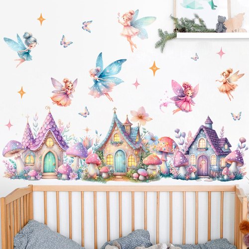 Amaonm Cartoon Princess Butterfly Girls Room Wall Decal Flower Angel with Rainbow Castles Wall Sticker DIY Peel and Stick Mushroom Wall Decor for Home Nursery Bedroom Bathroom (A)