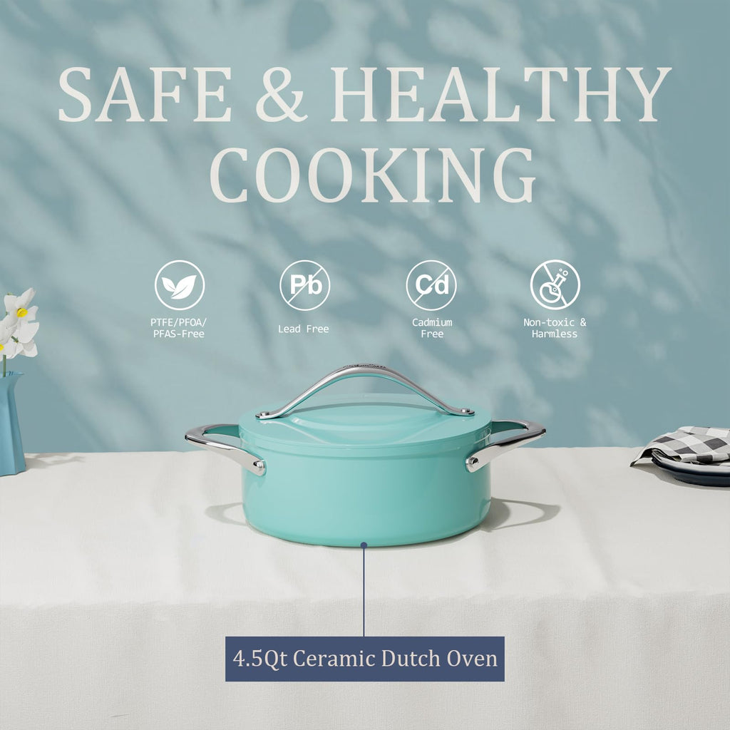 CookinCraze Stock Pot 4.5qt Dutch Oven with Lid (9.5"x 4") Nonstick Ceramic Coated Non-Toxic PFAS-Free Even Heat Distribution for Braising, Baking Bread & Soups, Compatible for All Cooktops(Induction/Gas/Electric) Oven Safe to 500°F (Caribbean Blue)