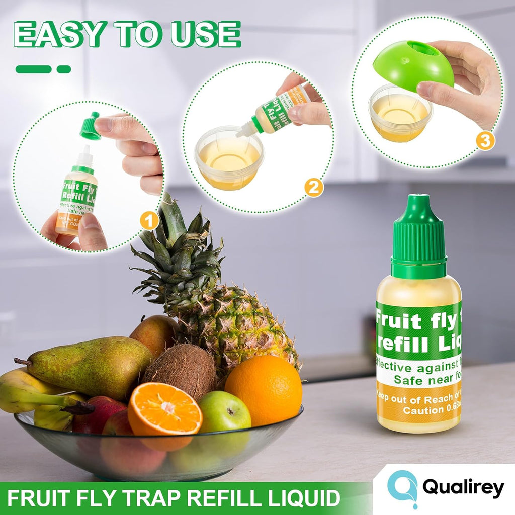 Qualirey Fruit Fly Trap Refill Liquid - Non-Toxic 0.68oz Bottles for Safe Indoor Use | 6 Pack