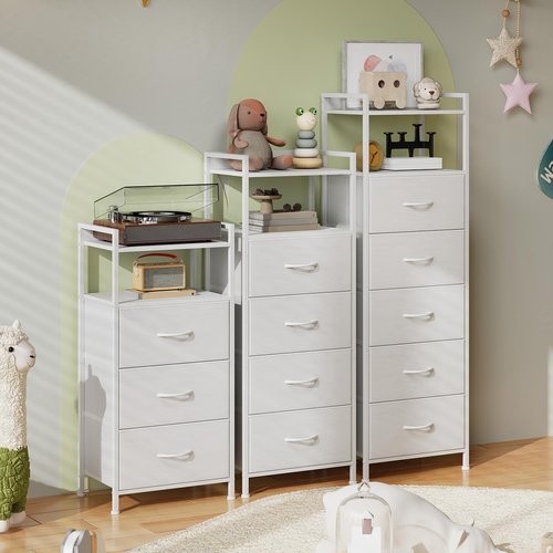 Somdot Tall Dresser for Bedroom, 5 Drawers Nightstand Vertical Storage Tower Unit, Night Stand Furniture with Fabric Drawer Organizer in Bedside Hallway, Entryway, Kids Room, Closet, White Leather