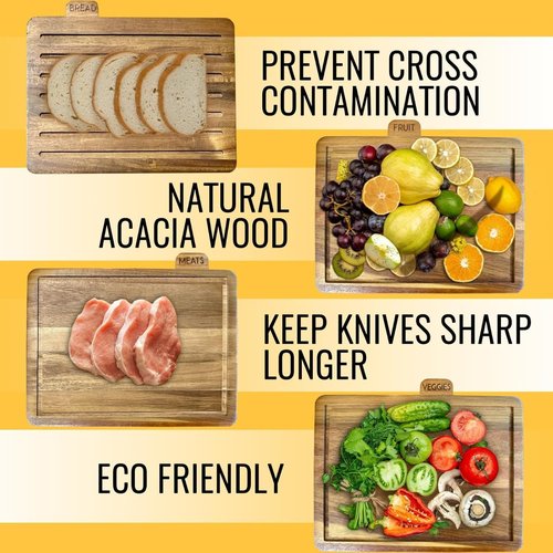 MODERNLYST Acacia Cutting Boards for Kitchen with Holder 13" x 11" x 2.5" | Labeled Wood Cutting Board Sets | Large Wooden Cutting Board Set of 4 with Black Organized Stand | Non Toxic Chopping Board