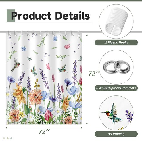 Moutina Hummingbird Floral Shower Curtains for Bathroom, Spring Summer Bathroom Decor Flower Shower Curtain Set - 72x72 Inch Waterproof Fabric Shower Curtain with Hooks Bathtub Curtain