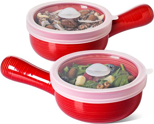 LE TAUCI Soup Bowls - Non-Toxic Ceramic with Silicone Lids & Handles | 15 Oz Set of 2 in Red