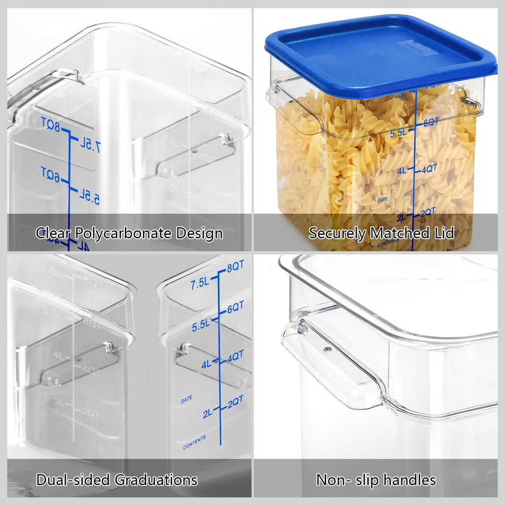TSUBOR 4 Pack Food Storage Containers with Red Lids, 12.0 Qt - Square, Clear, Polycarbonate, for Restaurant Commercial Kitchen and Home party