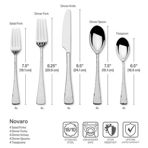 Mikasa Novaro 20-Piece Flatware Set, Service for 4, 18/10 Stainless Steel Silverware with Striated Wood-Grain Design, Squared Tips, Dishwasher Safe