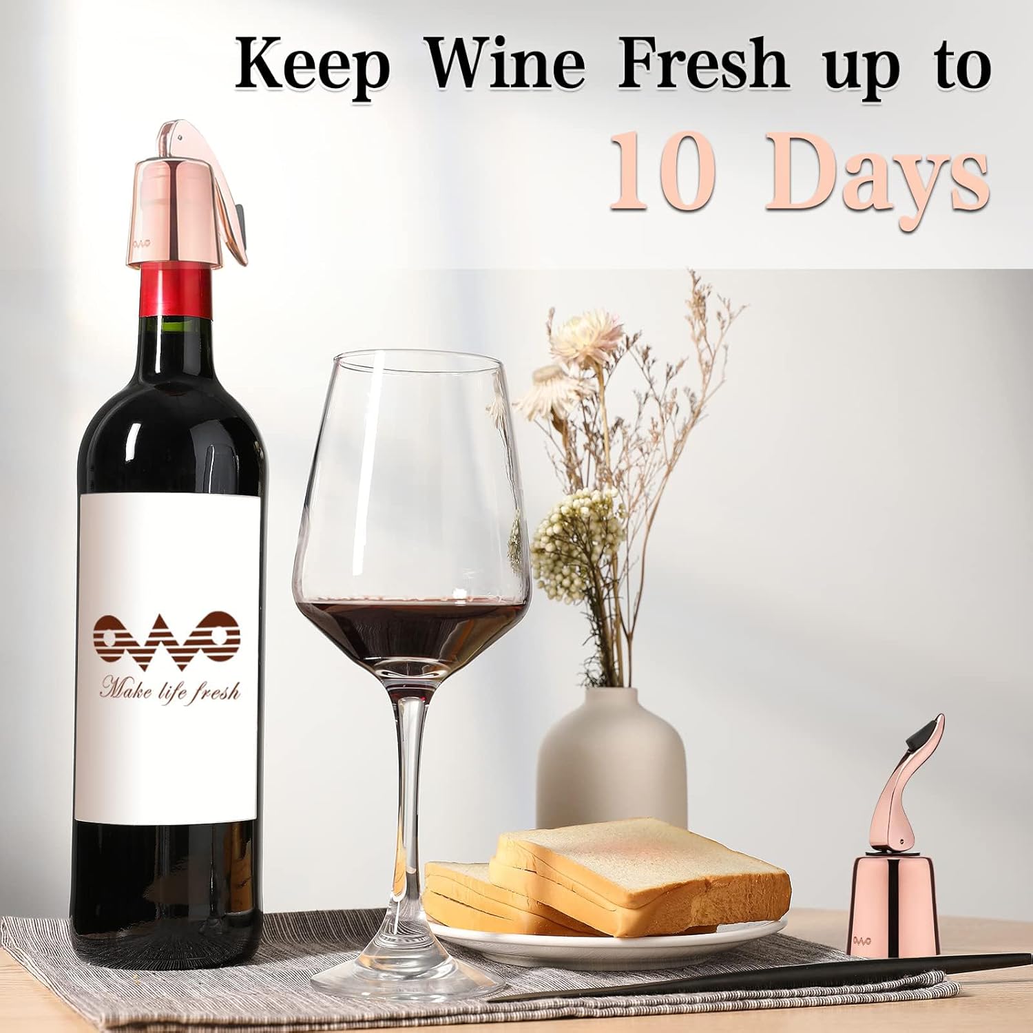 OWO Stainless Steel Wine Bottle Stopper, Reusable Wine Saver with Silicone Seal, Decorative Bottle Sealer, Keeps Fresh (Rosegold, 1 Pack)