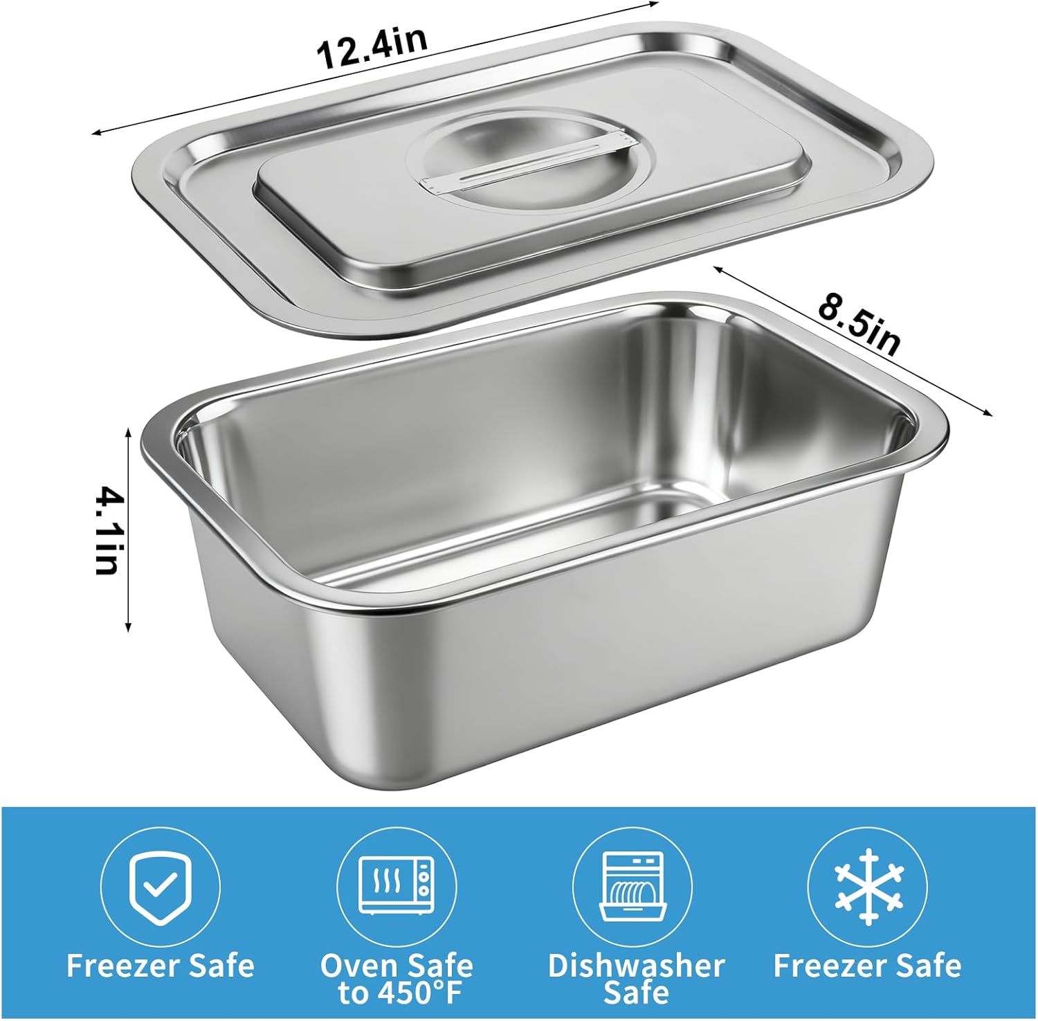 Skiennix 4-Inch Extra Deep Lasagna Baking Pan - 304 Stainless Steel with Lid | 8.5x12.4 Inch, Silver