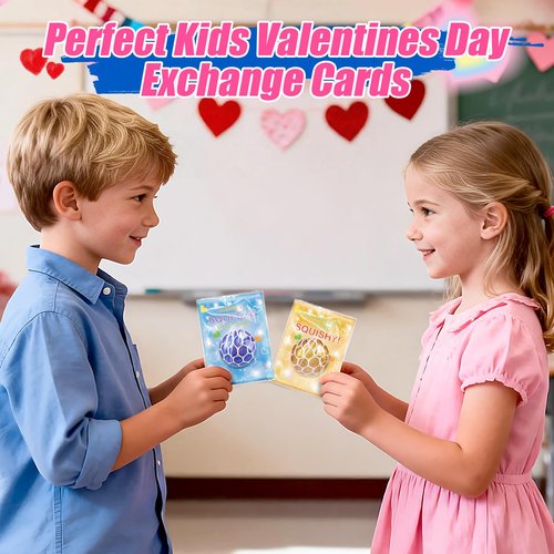 AyiOwmpa Valentines Day Cards for Kids School, 24 Pack Valentines Cards for Kids Classroom with Stretch Squeeze Balls Toys, Valentines Day Gifts for Kids Exchange, Ideal Valentines' Party Favors