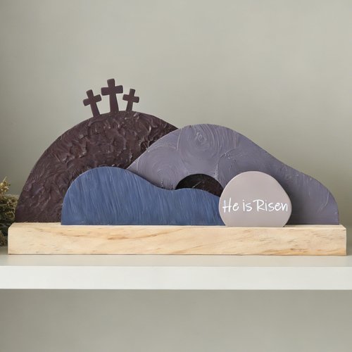 AOMOONOA Easter Empty Tomb Decor Set, He is Risen Resurrection Scene with Wooden Base, Religious Tomb Scene Easter Decoration for Christian Holiday Home Tabletop Decor