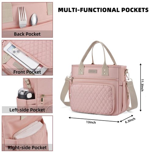 EASYA Large Women Lunch Bags for Work/Insulated Adult Lunch Box for Women/Durable Nylon Thermal Lunchbox for Womens/Leakproof Cooler Tote Bag with Storage Pocket (Shimmering blush pink Cotton Strap)