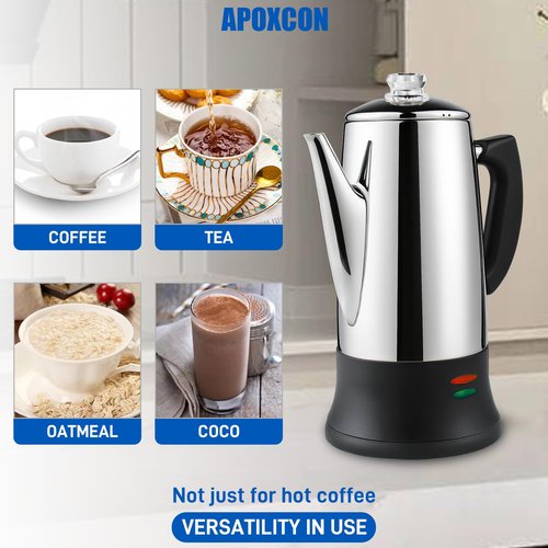 APOXCON Electric Coffee Percolator Stainless Steel Coffee Maker with Heat Resistant Tough Glass Clear Brew Progress Knob, Classic Coffee Pot with Keep Warm Cordless Serve Cool Touch Handle 12 Cup