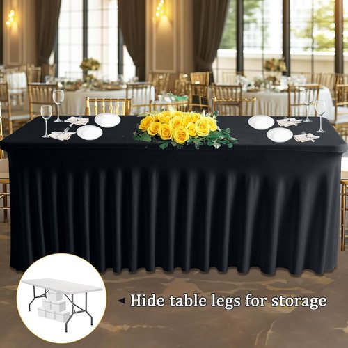 JCJ Table Skirt - Fitted Black Spandex Tablecloth for 4FT Rectangle Tables | Wrinkle Resistant Ruffles
