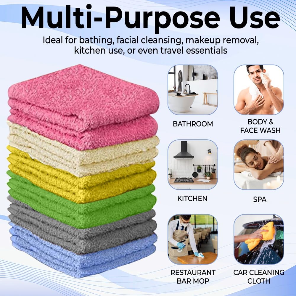 QUBA LINEN 100% Cotton Washcloth Set – Soft, Absorbent Face Towels for Bathroom & Gym Use – Durable & Reusable Wash Cloths - Butterfly (Multi-Color), 12 x 12 Inches, Pack of 24