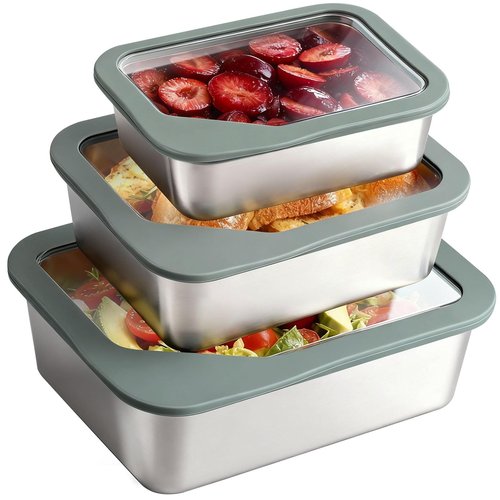 Greentainer Stainless Steel Food Storage Container with Glass Lids, 3 Pack Nested Lunch Boxes, Airtight Lid Food Container for Sandwiches, Snacks, Meal Prep and Kitchen Storage