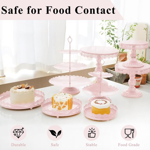 JALANCY Set of 9 Cake Stands Metal Cupcake Stand Set Multiple Styles Candy Fruit Display Tower Dessert Plate Cake Serving Tray for Birthday Party Wedding Anniversary Baby Shower Engagement (Pink)