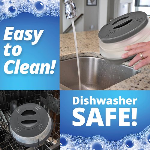 HOVER COVER 2 PACK Magnetic Microwave Splatter Cover with High Power, Strongest Magnetic Grip, Collapsible 12-Inch BPA-Free Food Lid, Vented Plate Guard, Dishwasher Safe, Space-Saving Storage - Gray
