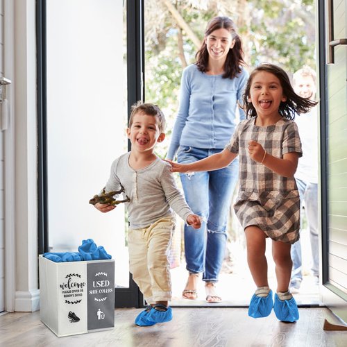 Singhoow Shoe Cover Box Dispenser Foldable Storage Bin Holder with Used Shoe Covers and Welcome Please or Remove Sign for Open House Supplies(Beige, Gray)