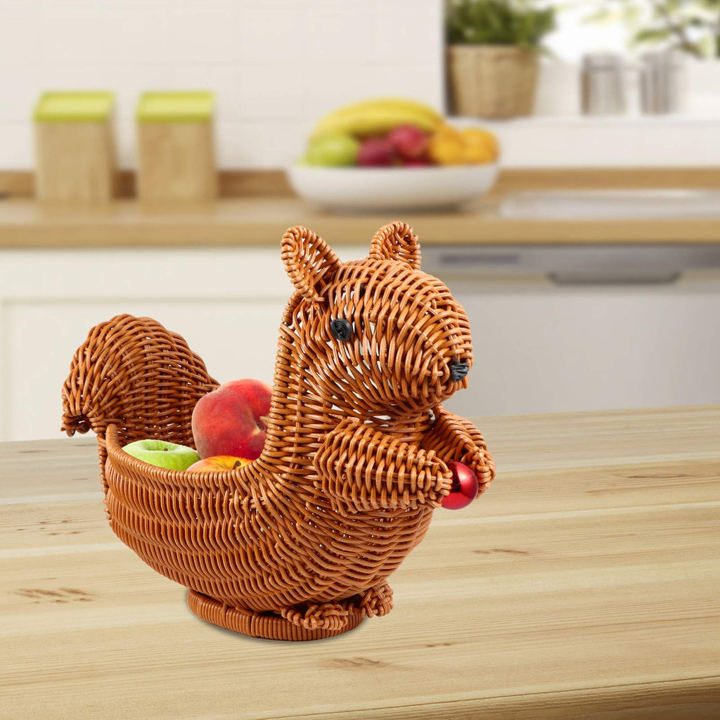 Cabilock Squirrel Fruit Basket 11 Inch Rattan Woven Decorative Bowl for Kitchen Counter Snack and Fruit Holder Living Room Display