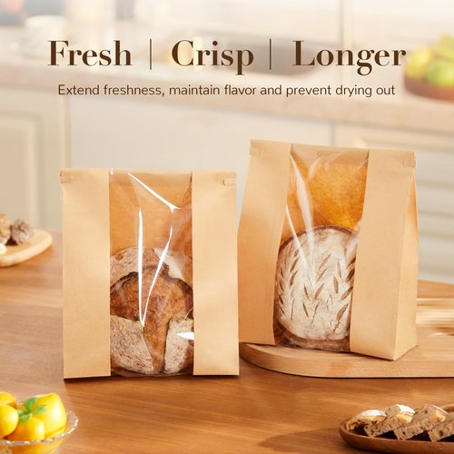 200 Pack Paper Bread Bags with Tin Tie Tab for Homemade Bread, Large Bakery Bag with Window Round Sourdough Loaf Bags for Bake Sale and Gift Giving (8.3x3.5×13 Inches)