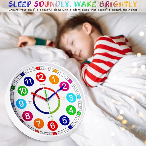 lanktoo Kids Wall Clock - Non-Ticking, Battery-Operated Time Teaching Clock for Kids, Ideal for Children’s Bedrooms, Playrooms, and Stylish Home Décor – White, 8 Inch