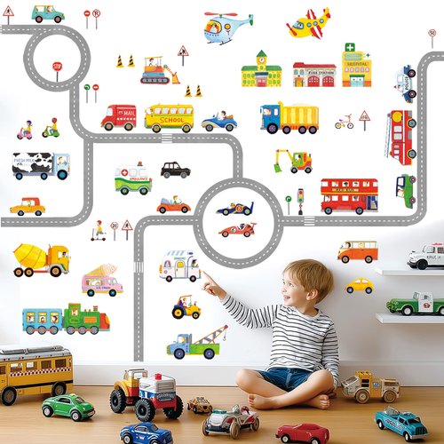 DECOWALL SG3-1404P1405 The Road and Cars Kids Wall Stickers Wall Decals Peel and Stick Removable Wall Stickers for Kids Nursery Bedroom Living Room (Medium) décor