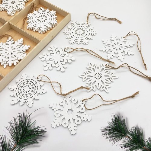 GSD Wooden Snowflake Ornaments - 30pcs Rustic Hanging Decor for Christmas Trees | 3-Inch White