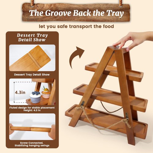 Tnstbiee Rustic 3-Tier Cupcake Stand - Wooden Desserts Stand for Cakes,Pastries &Fruits - Removable Trays& Foldable Design-Perfect for Parties Home Events and Weddings-Ideal Gift For Party Enthusiasts
