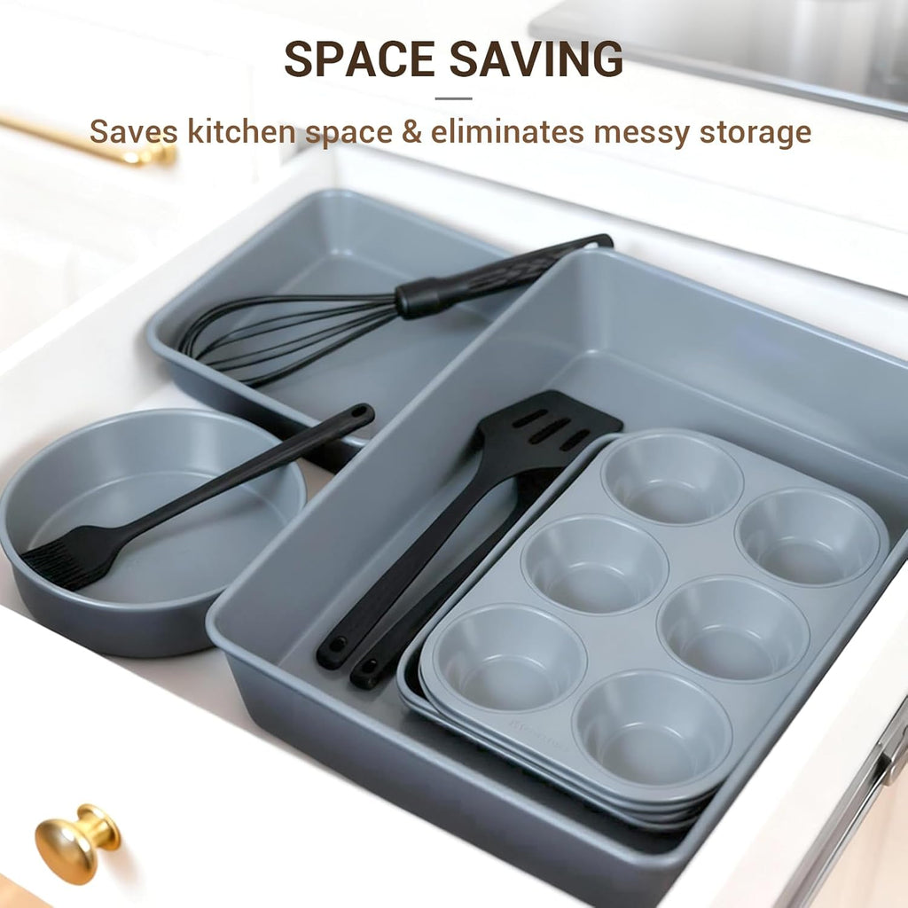 Ammeloo 22-Piece Non-Stick Baking Pans Set - Stackable Bakeware with Oven Mitts & Utensils | Gray & Stone Black
