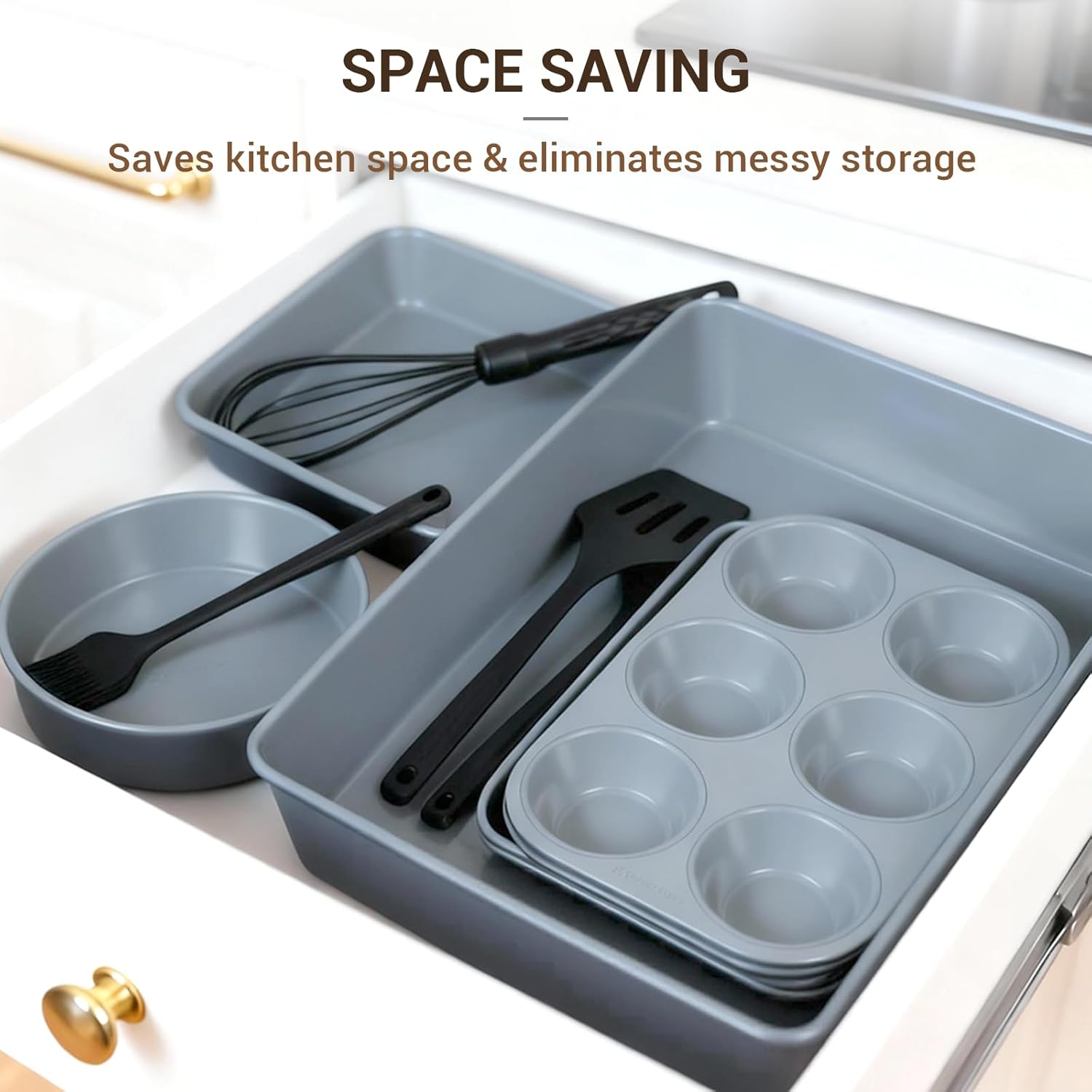 Ammeloo 22-Piece Non-Stick Baking Pans Set - Stackable Bakeware with Oven Mitts & Utensils | Gray & Stone Black