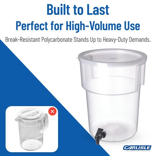 Carlisle FoodService Products Round Beverage Dispenser Drink Dispenser with Spigot for Catering, Plastic, 5 Gallons, Clear