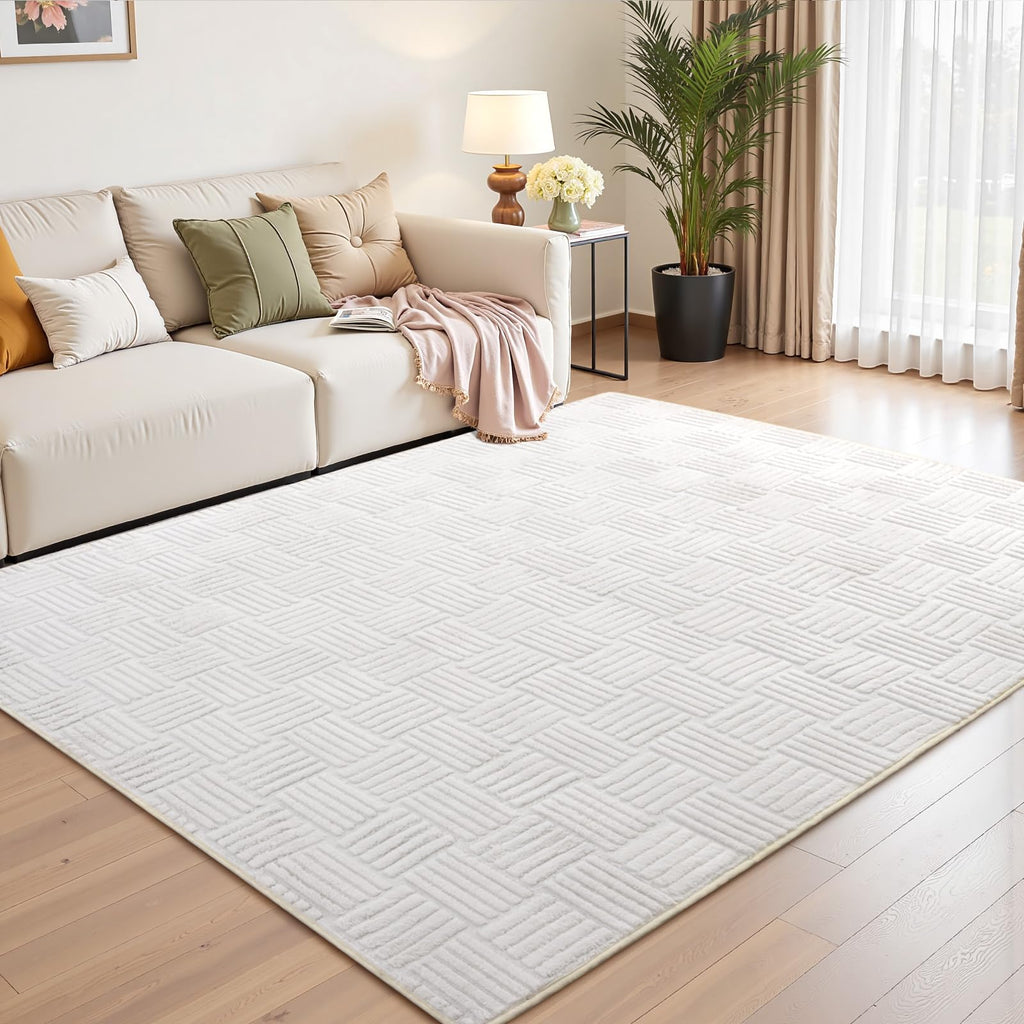 White Washable Shag Area Rug for Living Room, 6x9 Modern Geometric Non Slip Bedroom Rugs, Fluffy Soft Thick Carpet for Girls Kids Room, Dorm, Office, and Home Decor