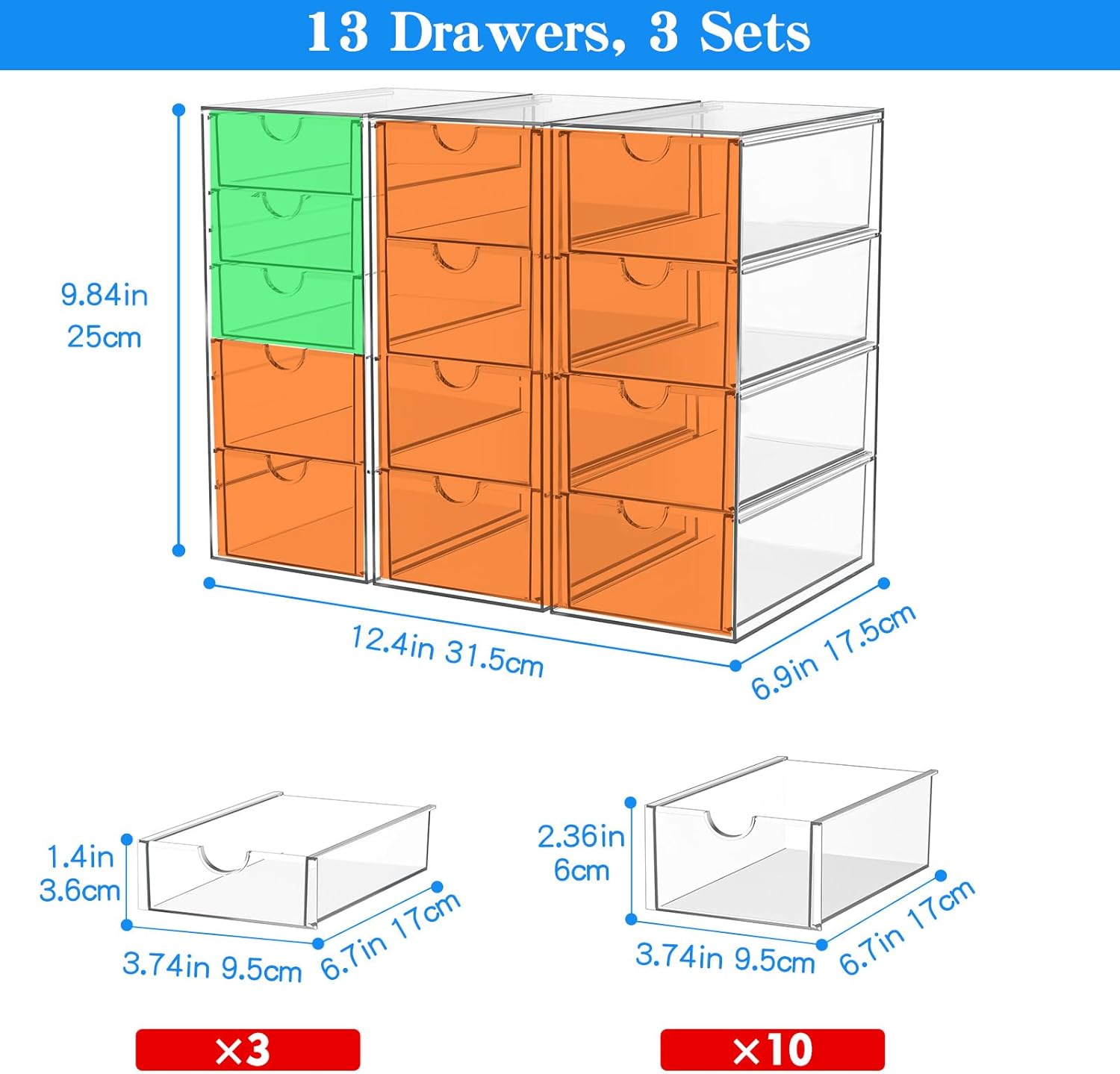 Skiennix Acrylic Makeup Organizer - 13 Drawer Bathroom & Desk Storage Solution | 3 Pack