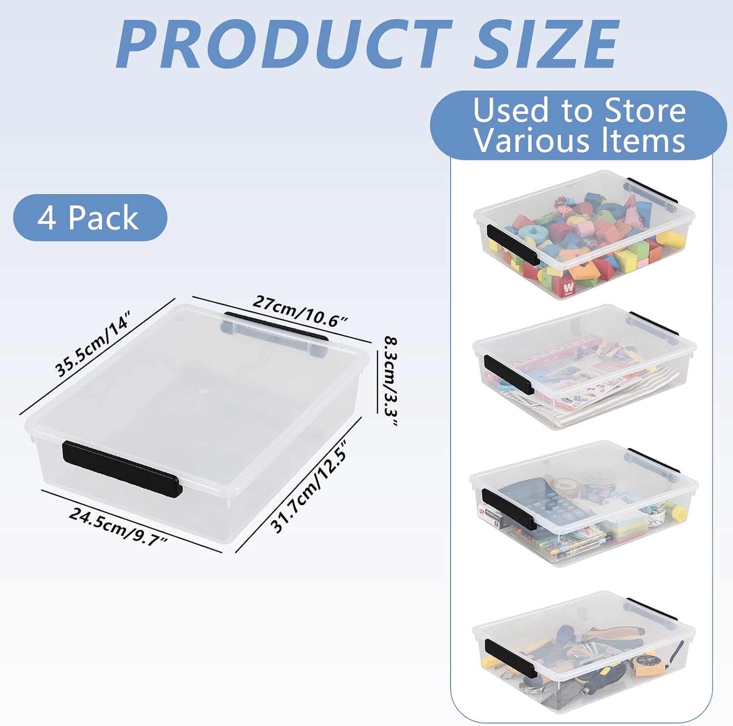 Wekioger Clear Flat Organizer Box - 6 Quart Plastic Storage Bins with Lids | 4 Pack