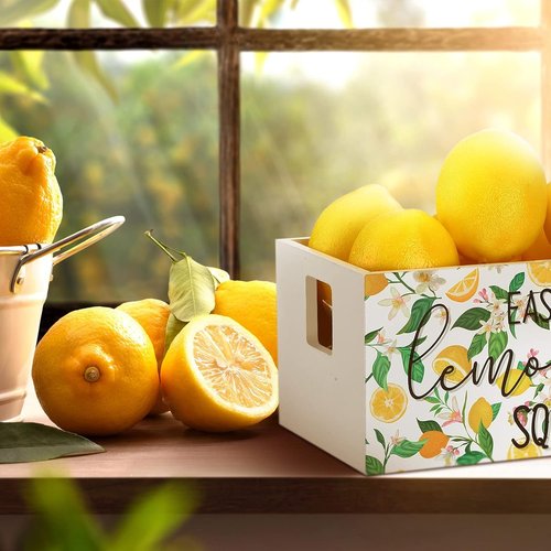 Marsui Lemon Decor Set - Mini Wooden Crate with 8 Fake Lemons for Rustic Summer Home Decor