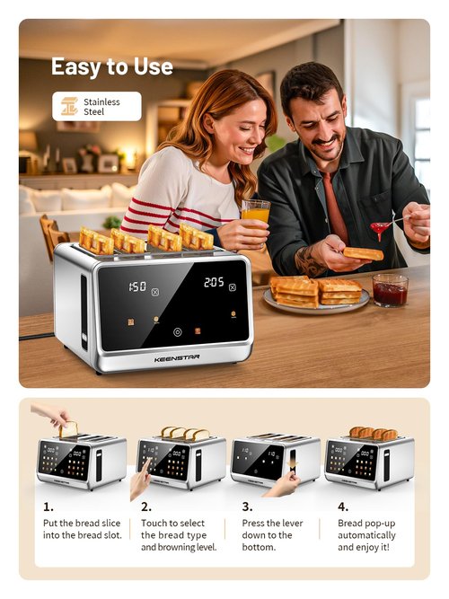 4 Slice Toaster with Touch Screen, Stainless Steel Smart Bread Toaster, 1.5" Wide Slots, 6 Shade Settings & 6 Bread Types for Bagels, Timer, Single Slice Toasting, Reheat, Defrost, 1800W