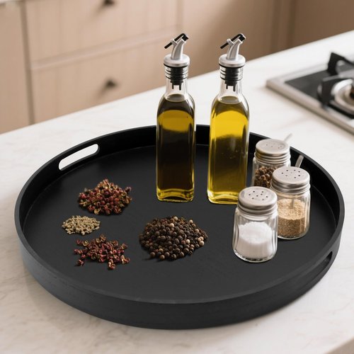 Hodeframe Round Decorative Tray, Extra Large Wooden Serving Tray with Handles, 11.8in Black Decorative Trays for Coffee Table,Kitchen Counter,bandejas decorativas