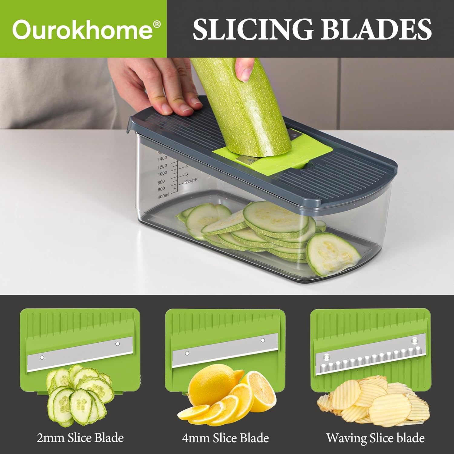Ourokhome Mandolin Slicer - 6-in-1 Vegetable Shredder with Safety Features | Gray Color, Ideal for Potatoes, Carrots, Zucchini, and Onions