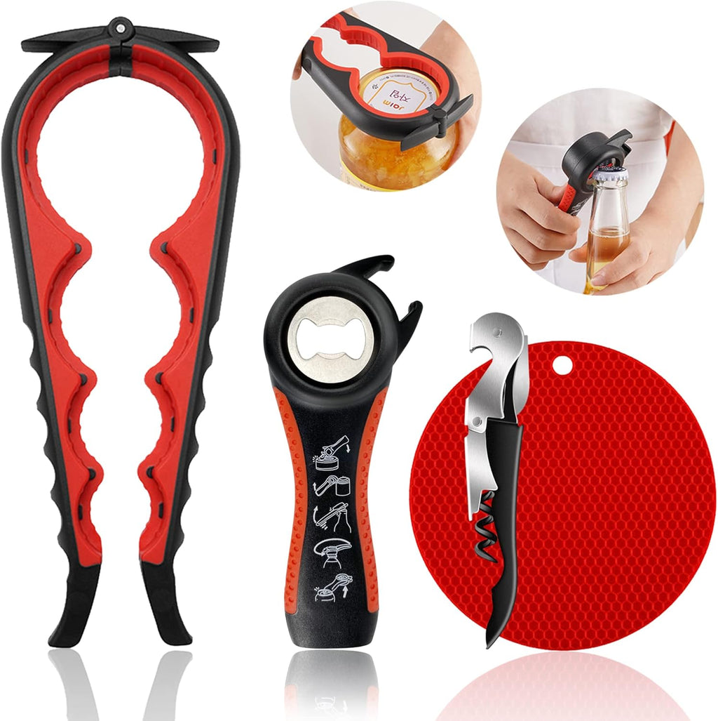 Skiennix Jar Opener - 5-in-1 Multi-Function Tool for Weak Hands & Arthritis | Non-Slip Grip, Red