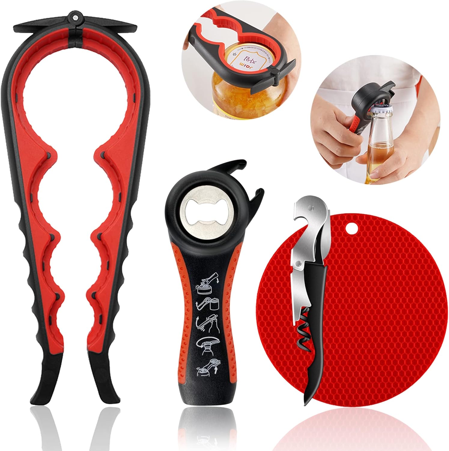 Skiennix Jar Opener - 5-in-1 Multi-Function Tool for Weak Hands & Arthritis | Non-Slip Grip, Red