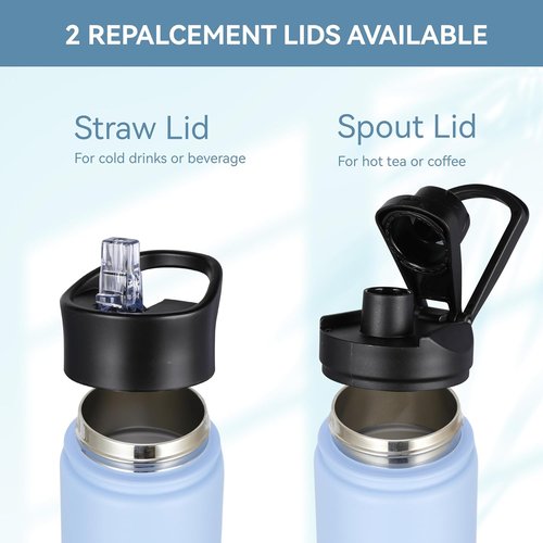 HASLE OUTFITTERS Insulated Water Bottle - 16 oz Double Wall Stainless Steel | Leak-Proof, Wide Mouth with Straw & Spout Lid (Light Blue)