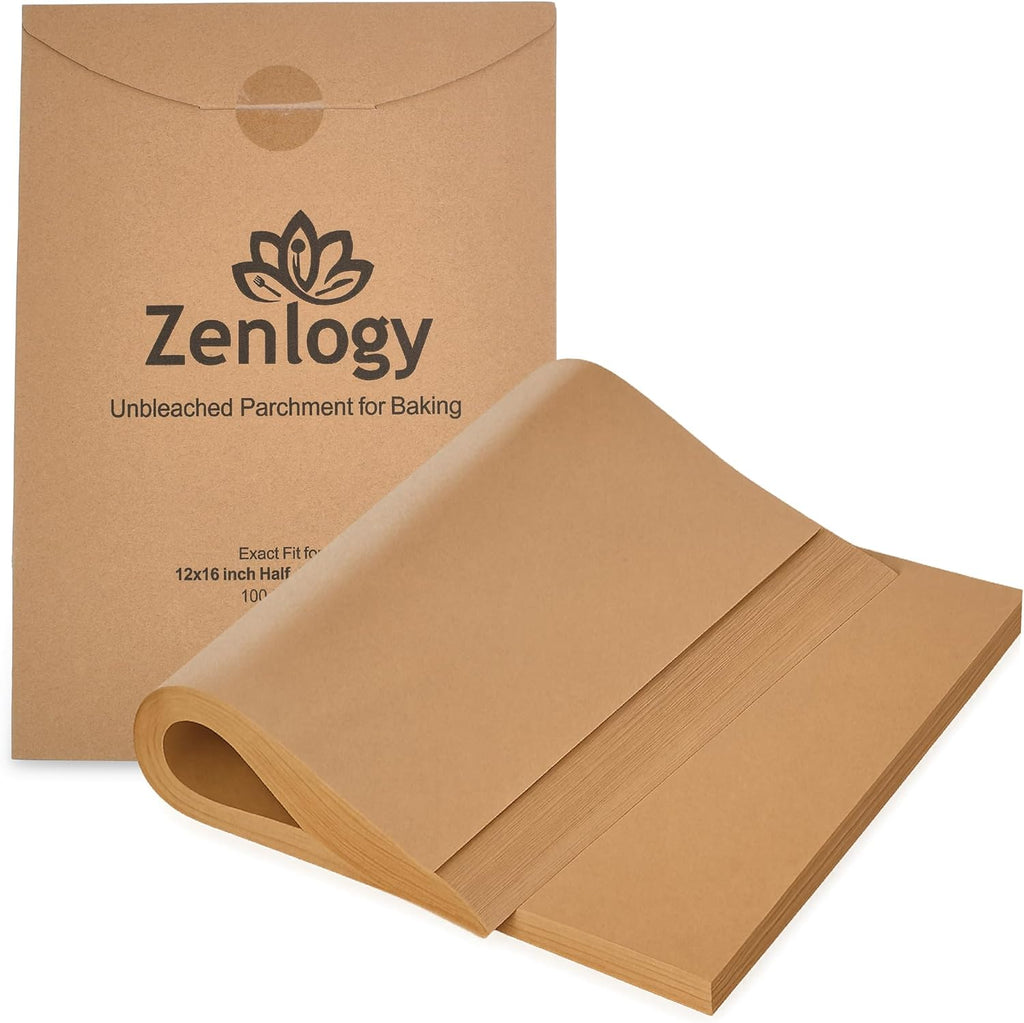 Zenlogy Parchment Paper Sheets - Unbleached, Non-Stick, High Heat | 12x16 Inches, 100 Sheets for Baking