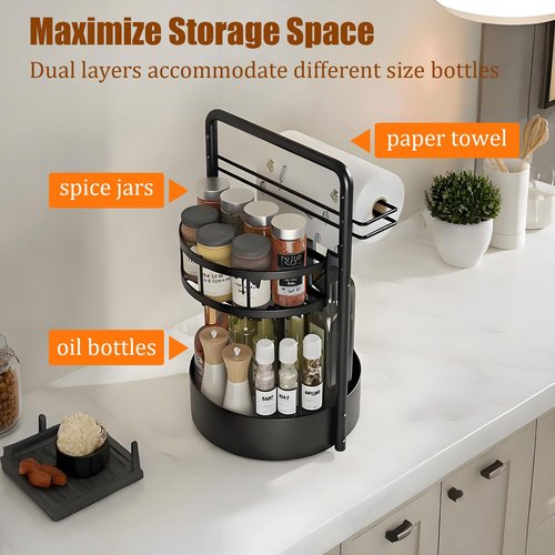 JEESA Rotating Spice Rack with Paper Towel Holder, 2 Tier Lazy Susan for Spices, Sturdy Iron Seasoning Organizer for Kitchen Countertop, Black