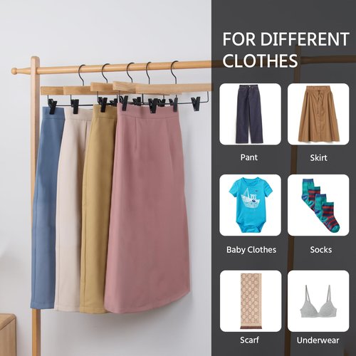 Nature Smile Deluxe Wooden Pants Hangers,Solid Rubber Wood Jeans Skirt Hanger with Black Adjustable Clips and Rotatable Hook Pack of 10(Natural Varnished)