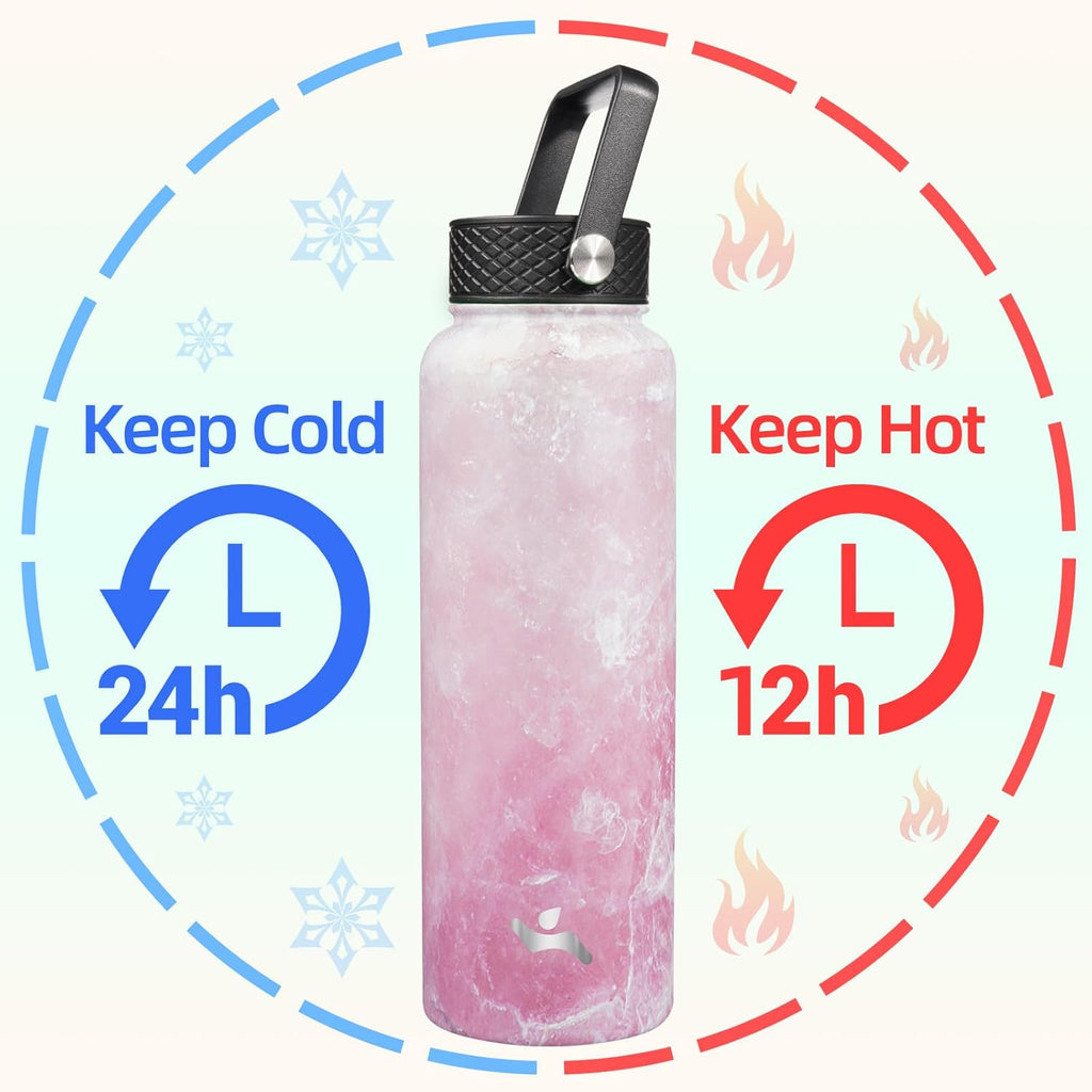 Skiennix 40oz Insulated Stainless Steel Water Bottle - Marble Blossom | 3 Versatile Lids Included