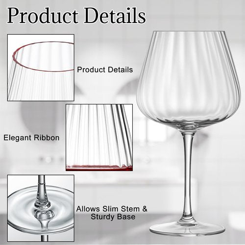 Acellegic Set of 6 Ribbed Wine Glasses, Stemmed Wine Glasses, Vintage Ribbed Glassware Sets for Red White, Champagne Sparkling Tasting, Cocktail, Anniversary, Dinner Party, Wedding(20 oz,Burgundy)